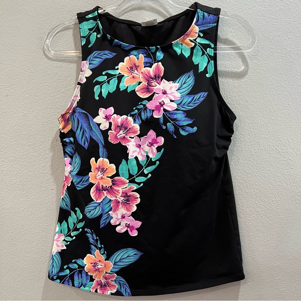 Lands End Tankini Top High Neck Built-in Soft Bra Black/ Pink Floral. 8 - Picture 6 of 6